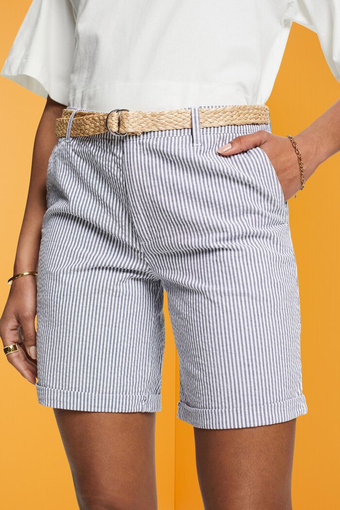 Striped shorts with braided raffia belt, NAVY, detail image number 2