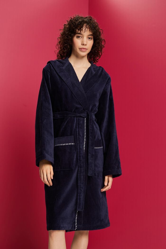 Suede bathrobe made of 100% cotton, NAVY BLUE, detail image number 0