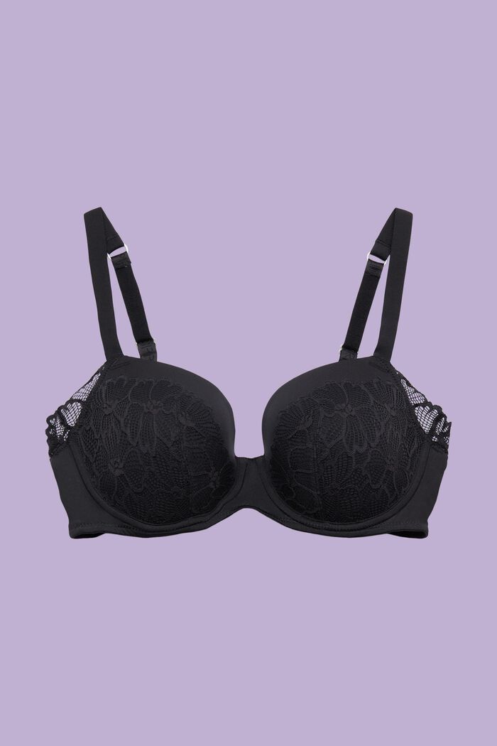 Padded Underwire Lace Bra, BLACK, detail image number 0