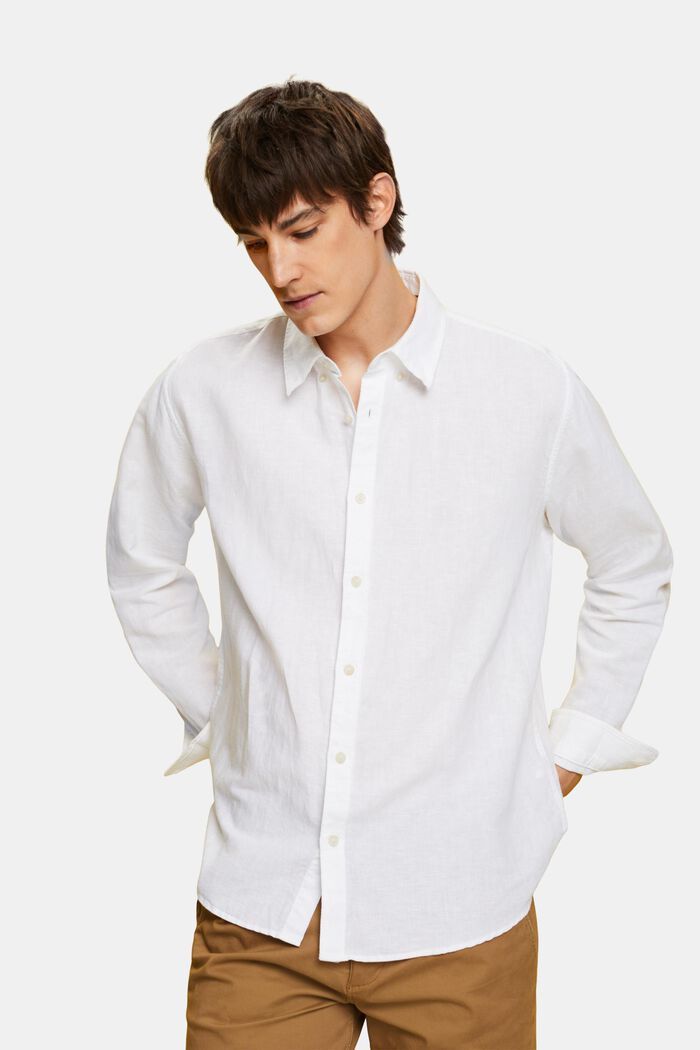 Cotton and linen blended button-down shirt, WHITE, detail image number 0