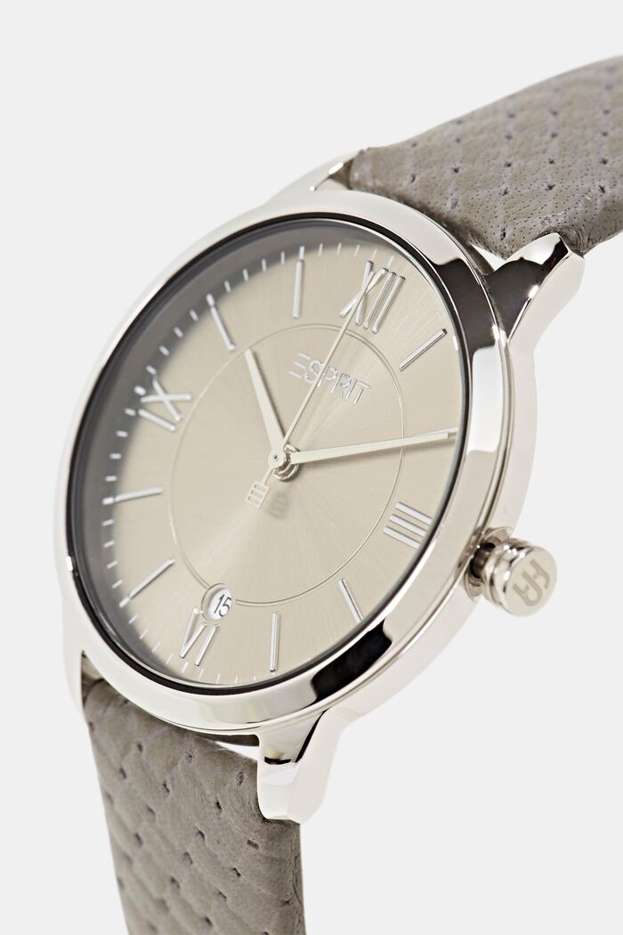 Stainless steel watch with textured leather strap, GREY, detail image number 1