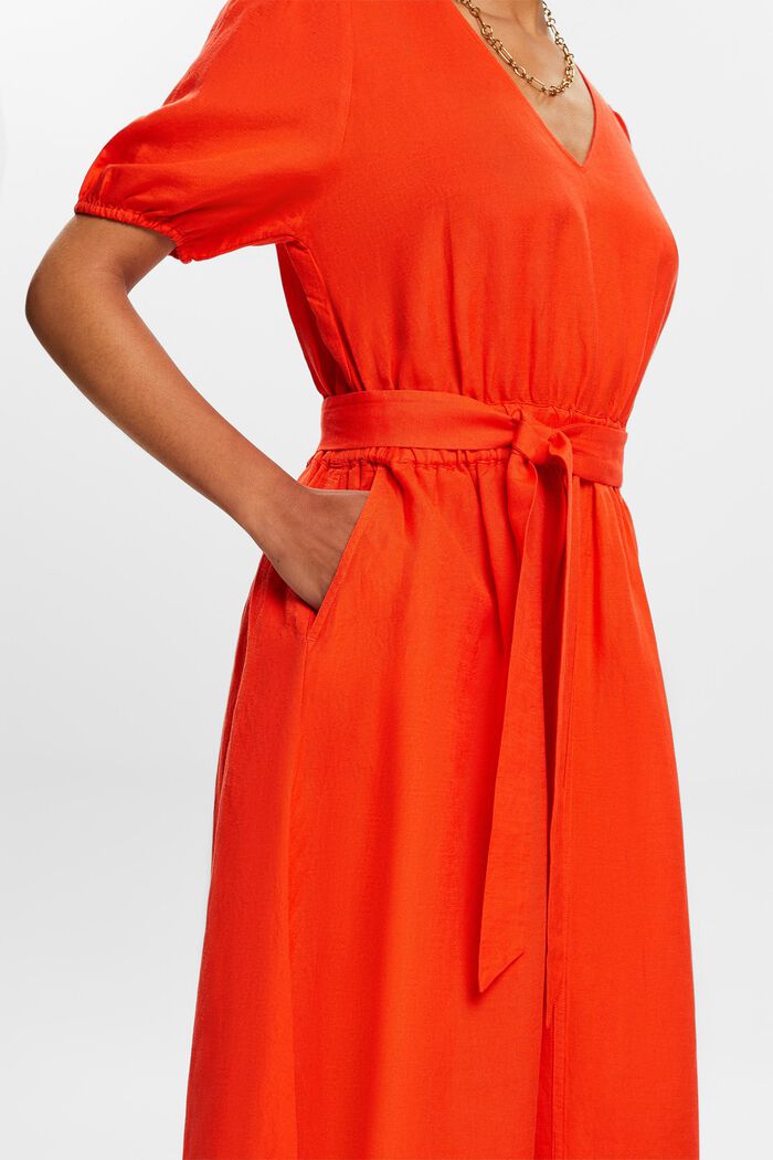 Belted Puff-Sleeve Midi Dress, BRIGHT ORANGE, detail image number 3