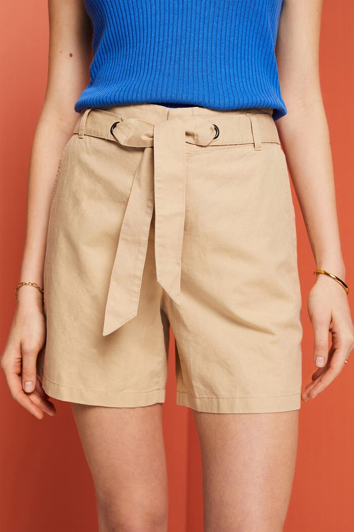 Shorts with a tie belt, cotton-linen blend, SAND, detail image number 2