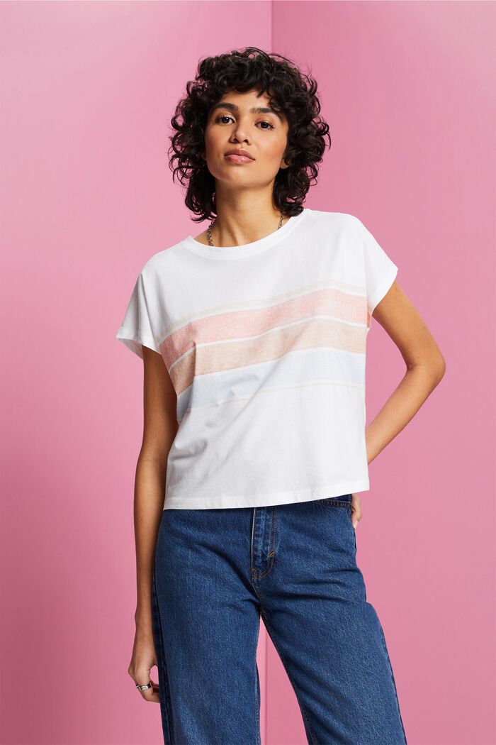 Striped Cropped Cotton T-Shirt, WHITE, detail image number 0
