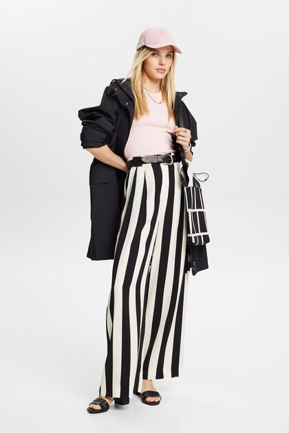 Striped Silhouette: Wide leg pants, Lace-up wedges & Textured tote
