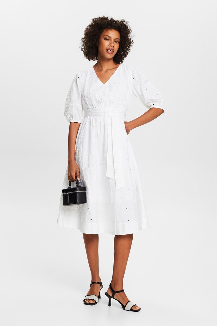 Belted Puff Sleeve Midi Dress, WHITE, detail image number 1