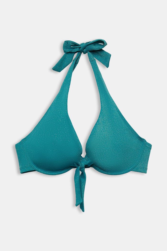 Sparkly halterneck bikini top for big cups, TEAL BLUE, detail image number 0