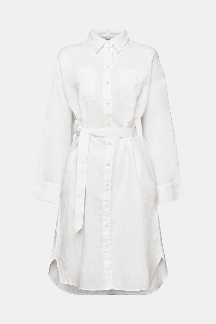 Linen-Cotton Belted Shirt Dress, OFF WHITE, detail image number 5
