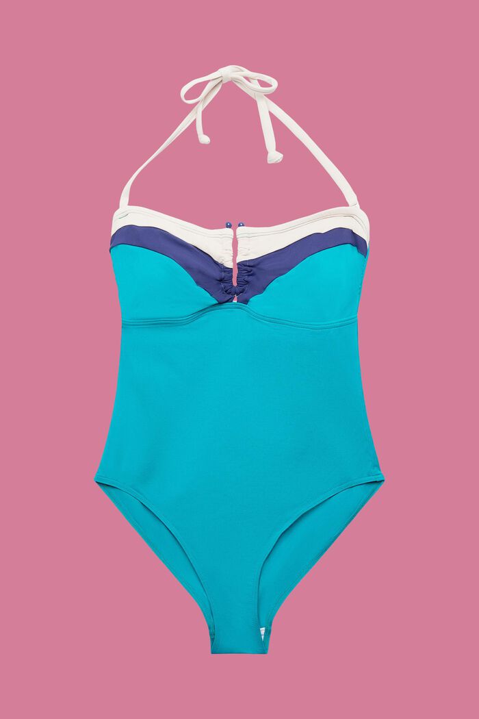 Padded U bar swimsuit in colour block design, TEAL GREEN, detail image number 3