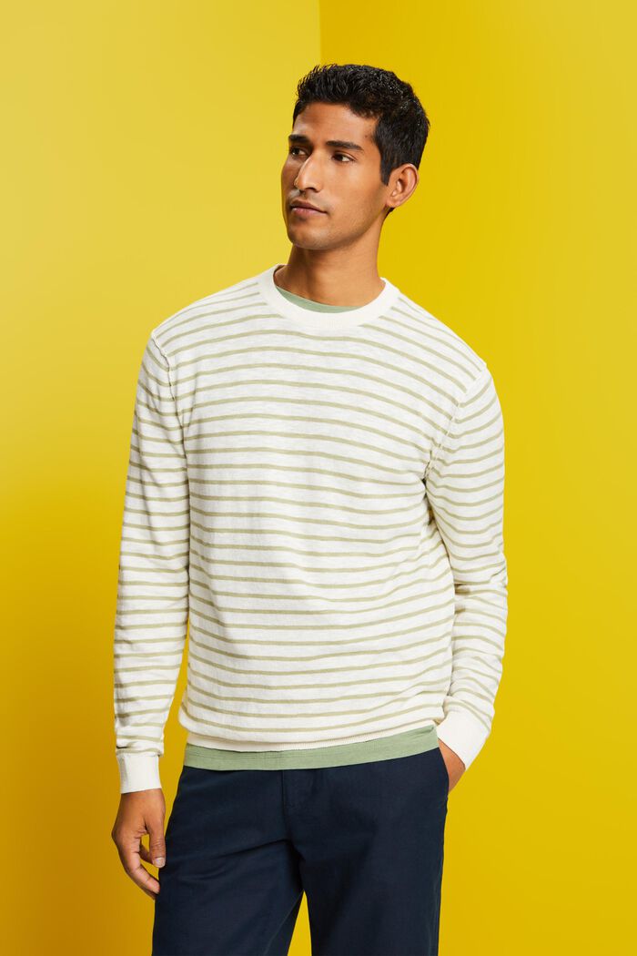 Striped crewneck jumper, cotton-linen blend, NEW ICE, detail image number 0