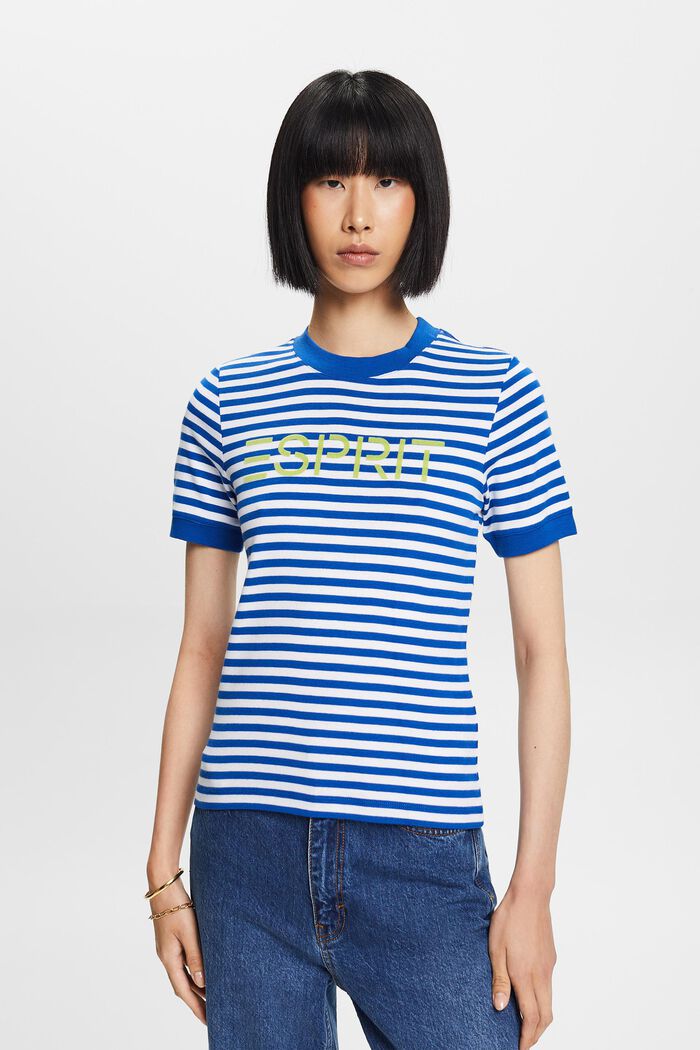 Logo-Print Striped Cotton T-Shirt, BRIGHT BLUE, detail image number 0