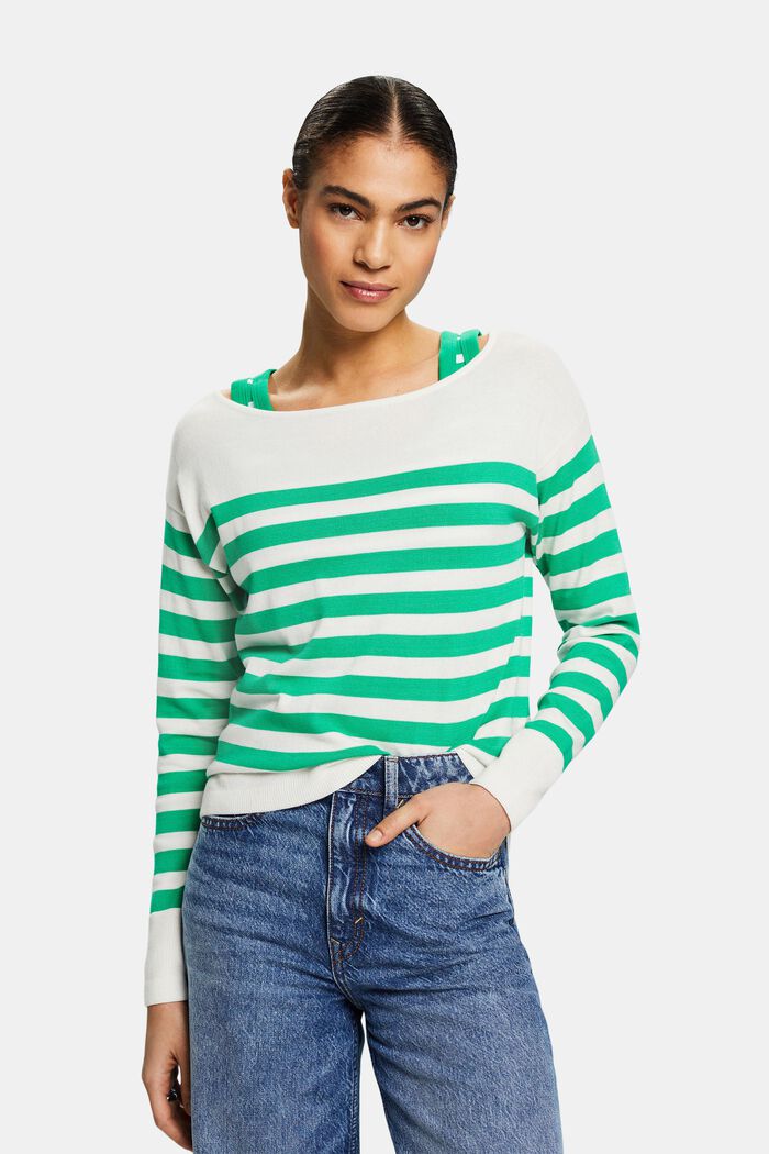 Striped Boatneck Cotton Sweatshirt, GREEN, detail image number 0