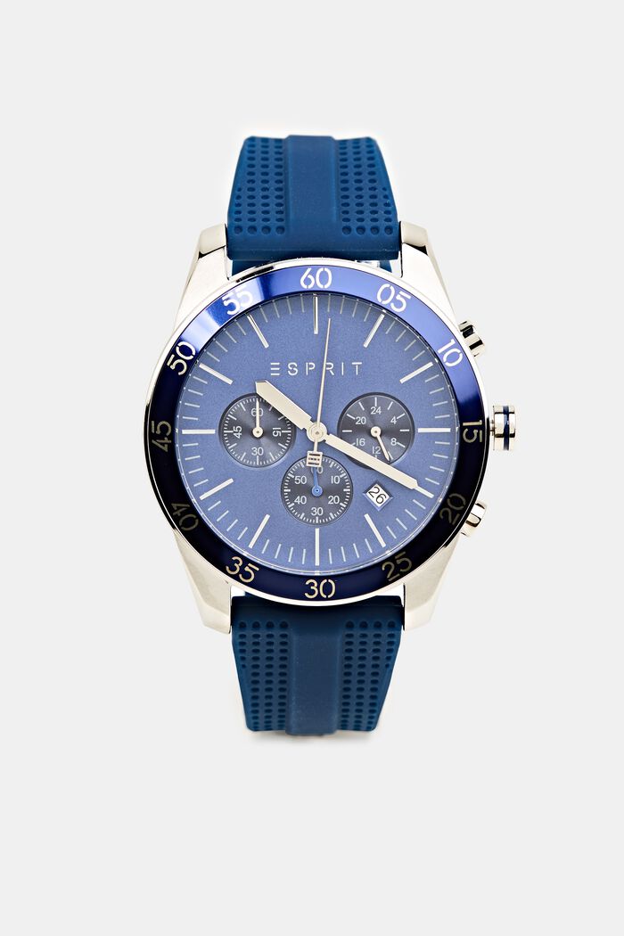 Stainless steel chronograph with a rubber strap, BLUE, overview