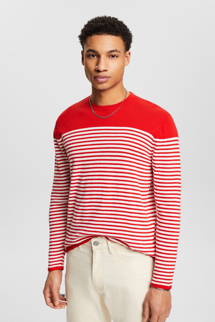Striped Cotton Sweater, RED, detail image number 0