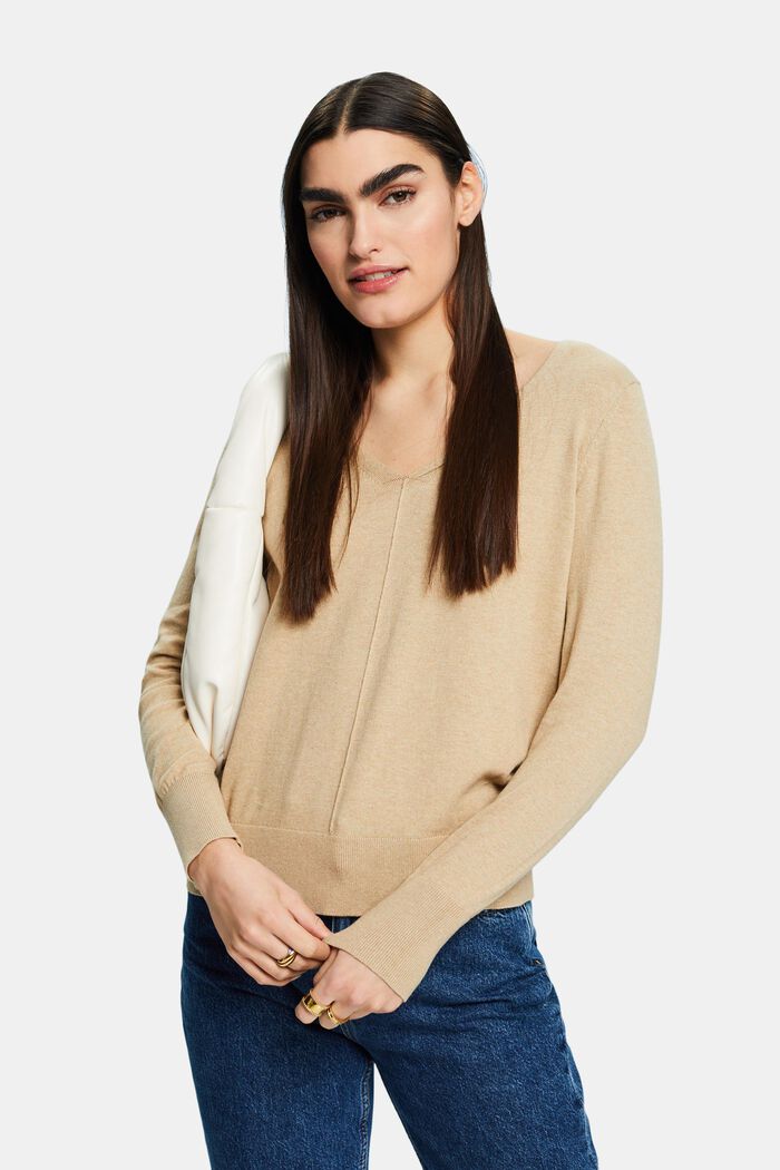 Cotton V-Neck Sweater, SAND, detail image number 0