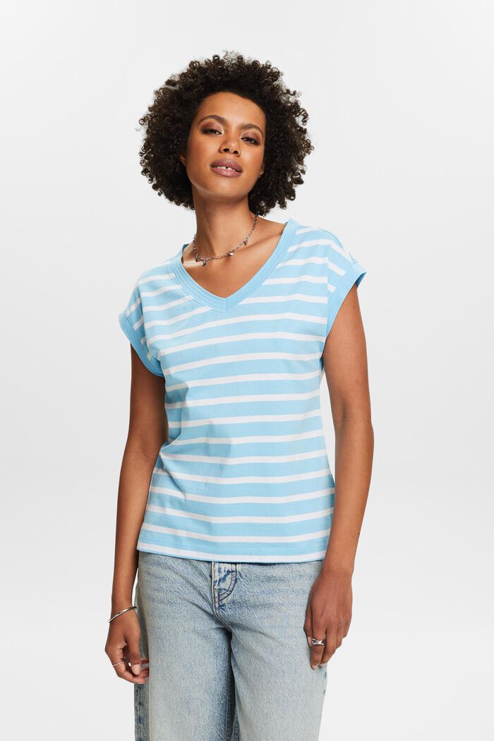 Striped V-Neck T-Shirt, LIGHT TURQUOISE, detail image number 4