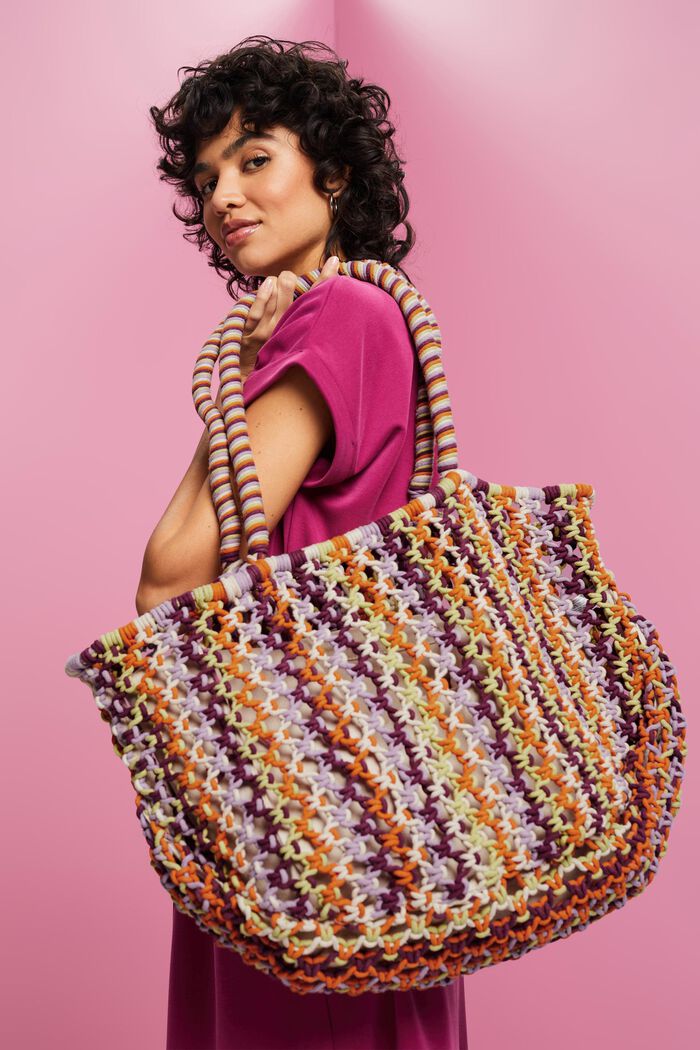 Oversized Striped Crochet Tote, MULTICOLOUR, detail image number 4