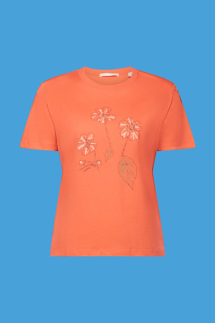 Cotton T-shirt with flower print, CORAL ORANGE, detail image number 6