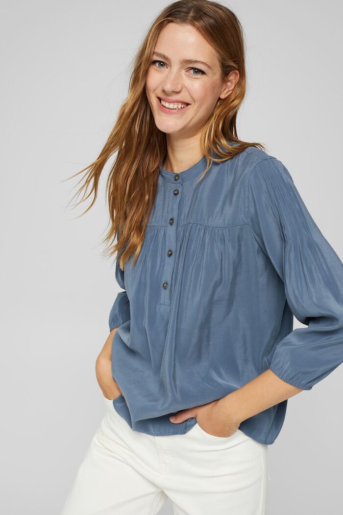 Shiny Henley blouse with LENZING™ ECOVERO™, GREY BLUE, detail image number 0