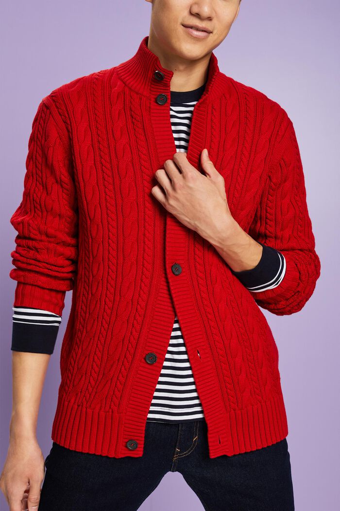 Organic Cotton Cable Knit Cardigan, DARK RED, detail image number 1
