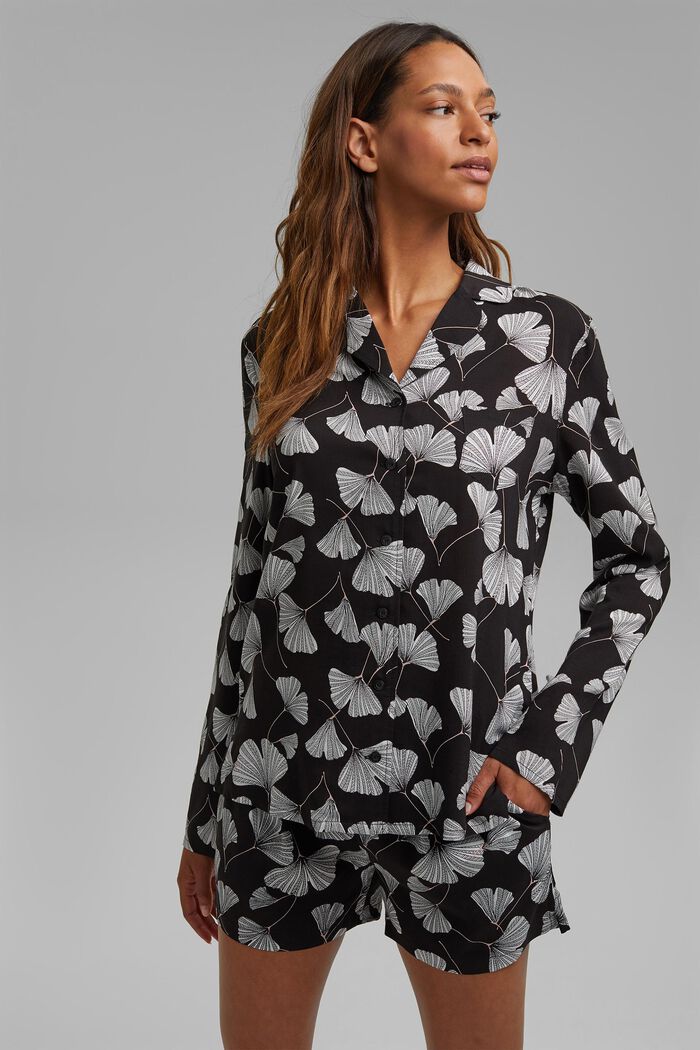 Pyjamas with a gingko print, LENZING™ ECOVERO™, BLACK, overview