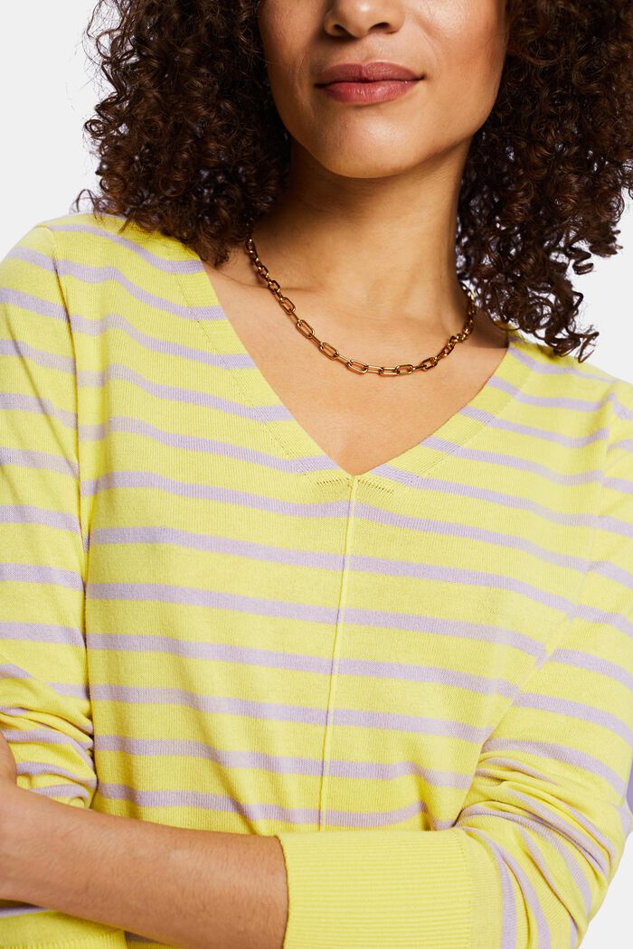 Striped Cotton V-Neck Sweater, PASTEL YELLOW, detail image number 2