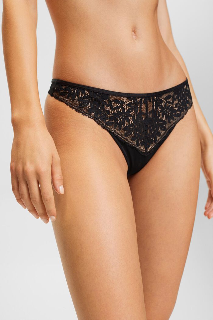 Mesh thong with floral lace