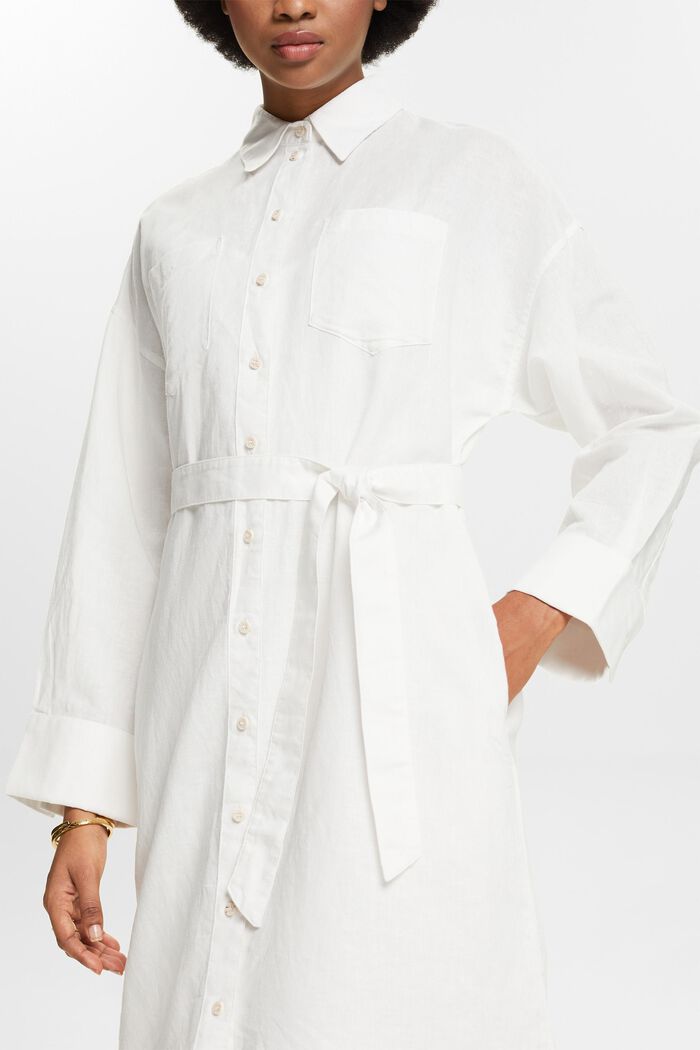 Linen-Cotton Belted Shirt Dress, OFF WHITE, detail image number 3