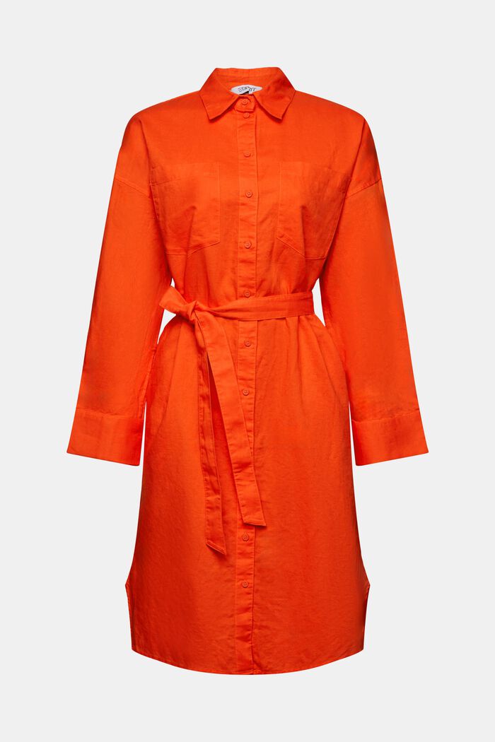 Linen-Cotton Belted Shirt Dress, BRIGHT ORANGE, detail image number 7
