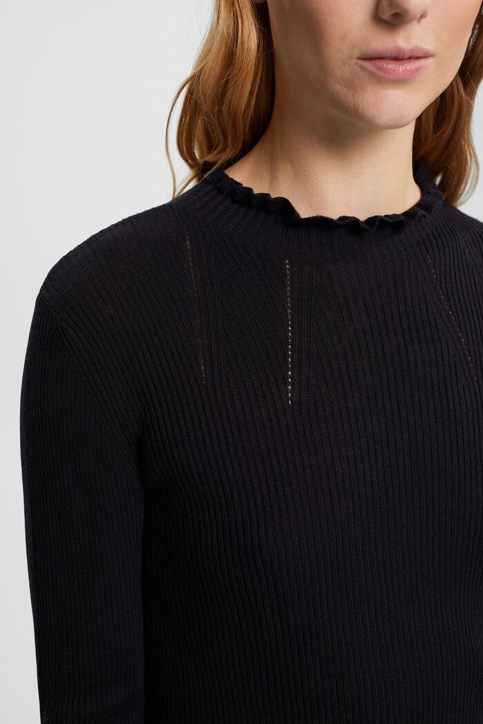 Ribbed jumper with ruffles, TENCEL™, BLACK, detail image number 0