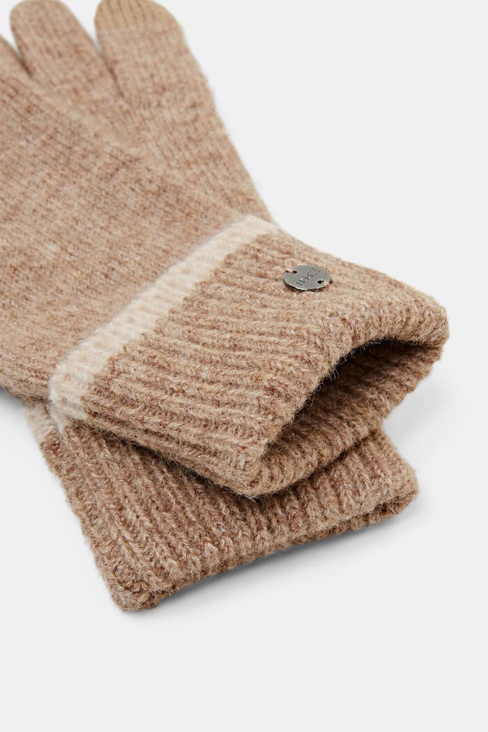 Knitted gloves with wool, KHAKI BEIGE, detail image number 1