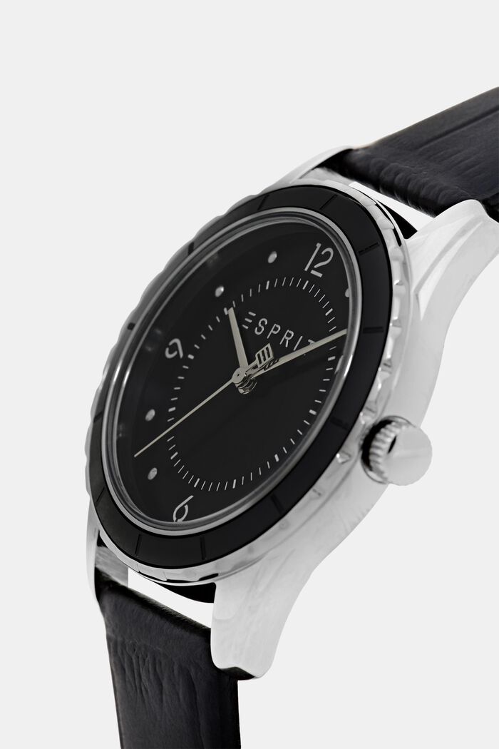 Stainless-steel watch with leather bracelet, BLACK, detail image number 1