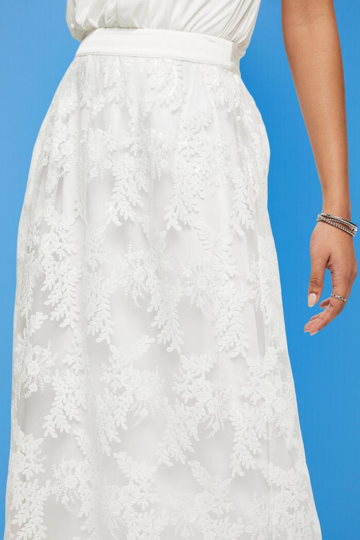 Midi skirt with embroidered flowers, OFF WHITE, detail image number 2