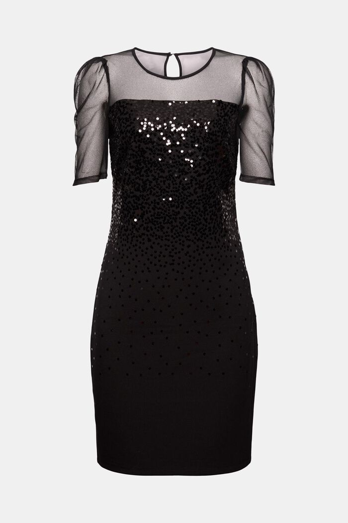 Sequinned jersey dress with mesh elements, BLACK, overview