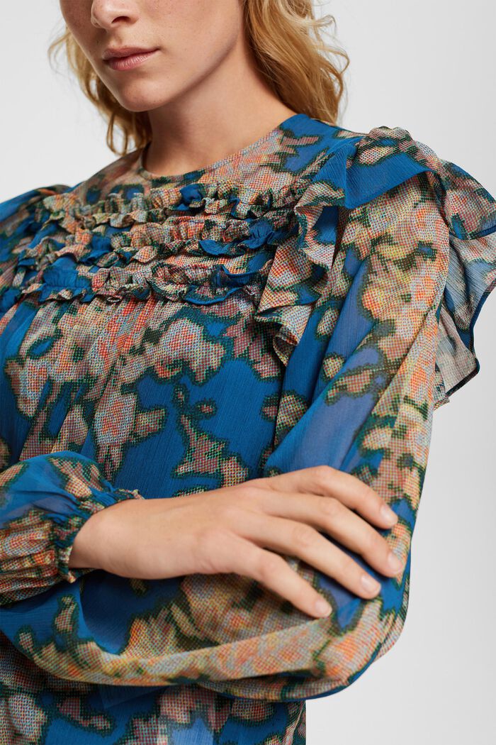Printed chiffon blouse with ruffles, TEAL BLUE, detail image number 0