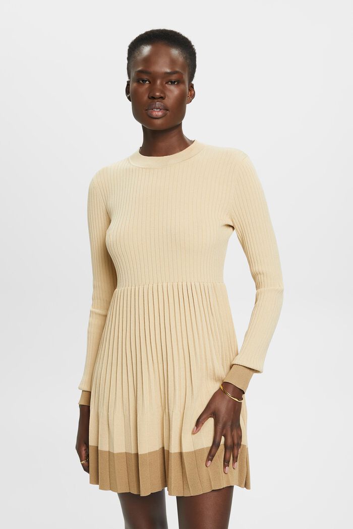 Pleated mini dress with long-sleeves & crewneck, LIGHT BEIGE, detail image number 0