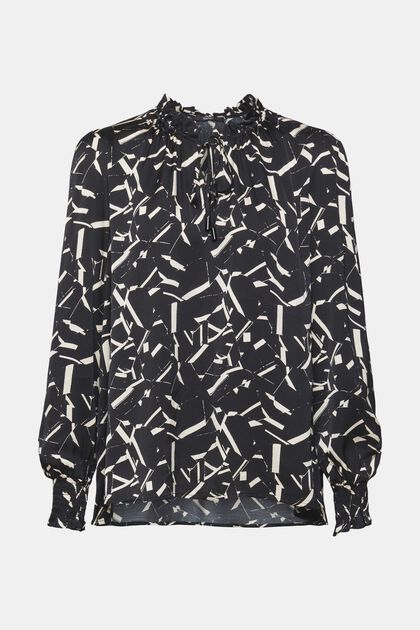 Satin ruffle collar blouse, LENZING™ ECOVERO™, BLACK, overview