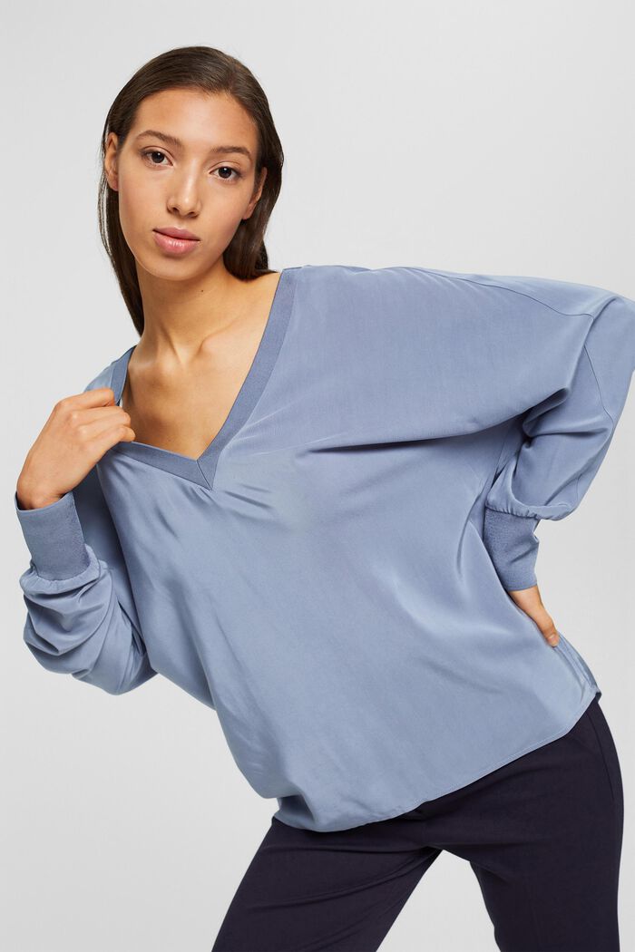 Blouse with LENZING™ ECOVERO™, GREY BLUE, detail image number 0