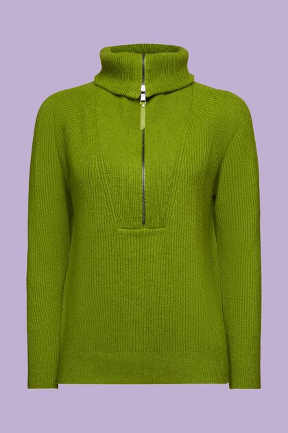 Wool Blend Rib-Knit Troyer Sweater