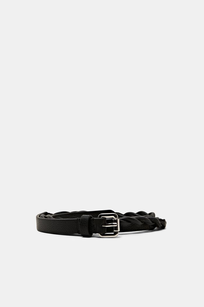 Thin braided leather belt with metal buckle, BLACK, detail image number 0