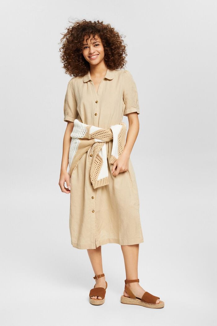 Made of blended linen: midi-length dress, SAND, overview