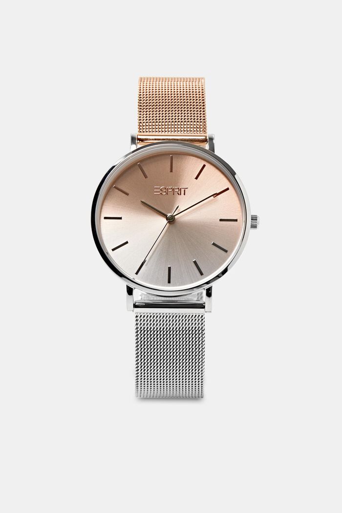 Stainless Steel Bi-Colored Mesh Strap Watch, SILVER, detail image number 0