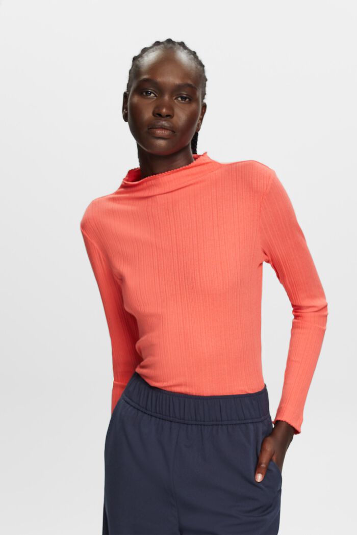 Ribbed long sleeve top, CORAL RED, detail image number 0