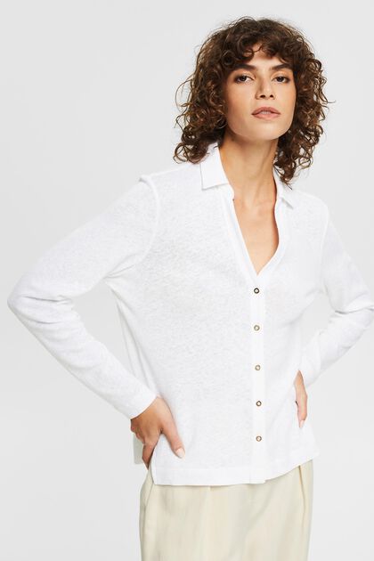 Linen blend long-sleeved top with a button placket, WHITE, overview