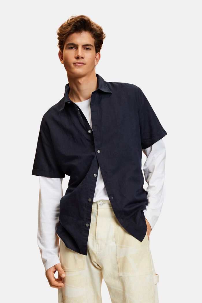 Linen and cotton blend short-sleeved shirt, NAVY, detail image number 0