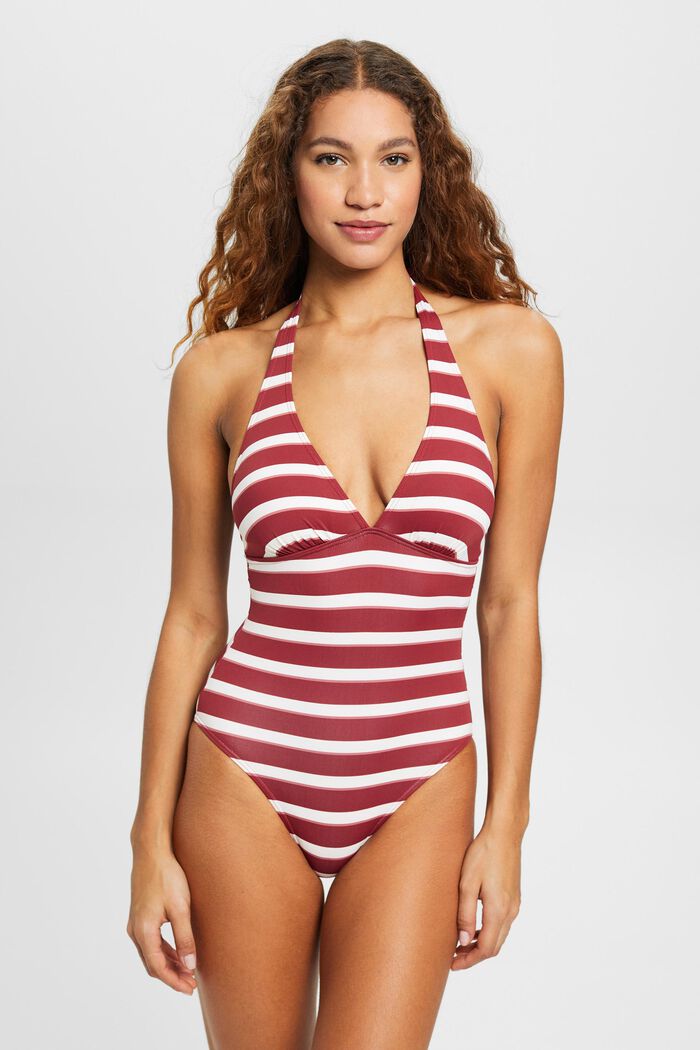 Striped halterneck swimsuit, DARK RED, detail image number 0