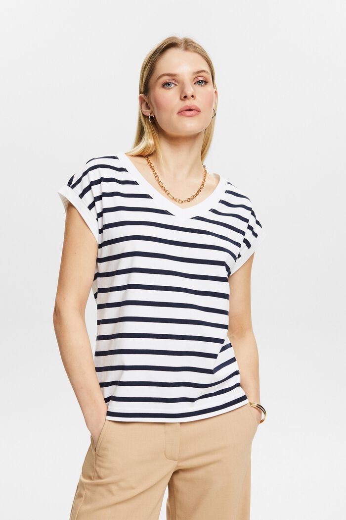 Striped V-Neck T-Shirt, WHITE, detail image number 0
