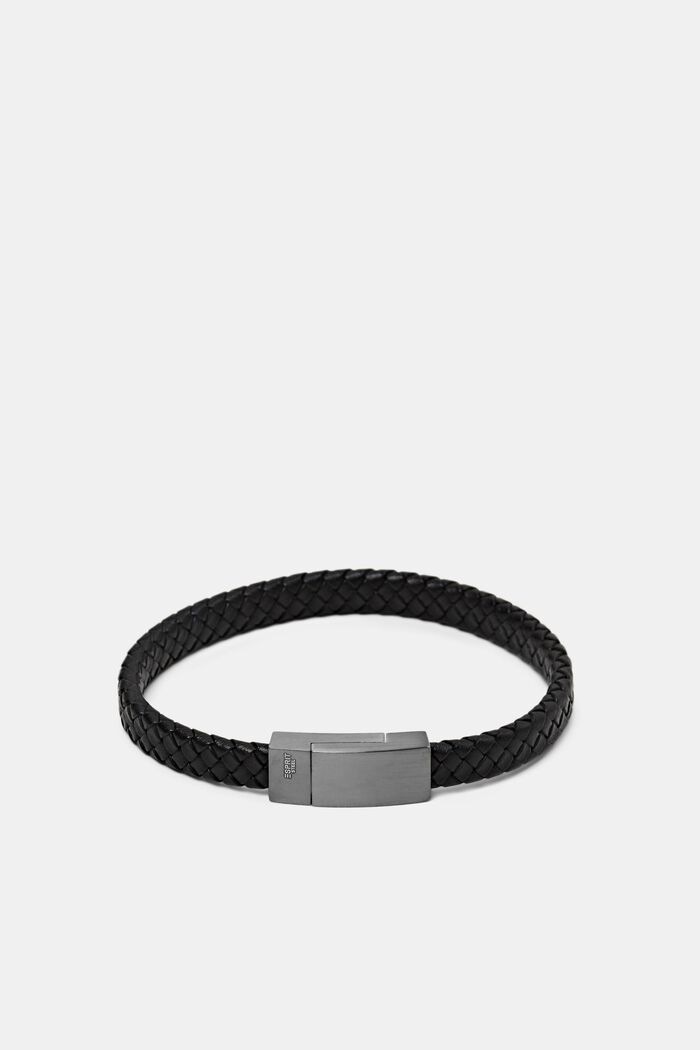 Braided leather look bracelet with a clasp, BLACK, detail image number 0