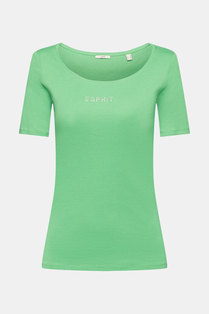 Jersey T-shirt with rhinestone logo appliqué, GREEN, detail image number 6