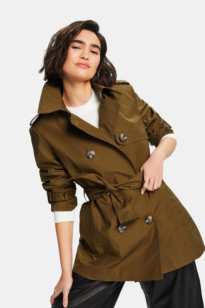 Short Double-Breasted Trench Coat, KHAKI GREEN, detail image number 0